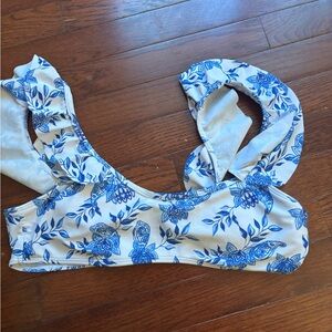 SHEIN White and Blue Floral Bikini Top